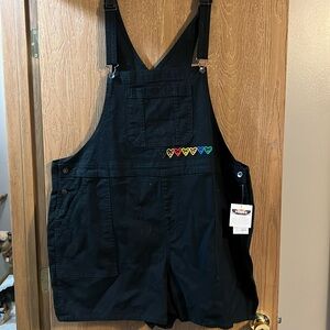 Pride collection black overalls with embroidered rainbow hearts. Size 3x NWT